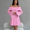 Vestido de Malha com Renda, Acinturado, Sexy, Ombro a Ombro, Manga Sino, Moda Francesa, Saia para Mulheres, Cruzamento Europeu e Americano 2024