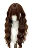 Peluca de lana con cabello largo color chocolate, flequillo, cabello largo y rizado estilo Lolita, peluca de cabeza completa para estilo diario