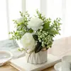 Conjunto de flores artificiais nórdicas vaso de corda de cânhamo cerâmica vaso de planta artificial rosa decoração de casa vaso de flor falso