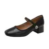Sapatos Mary Jane Femininos em Couro Macio Estilo Francês 2026 Novo Modelo Primavera/Verão/Outono, Elegantes e Confortáveis para o Dia a Dia, Boca Rasa, Salto Médio Bloco, Sapato Único Que Não Cansa Seus Pés