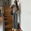 Jeans de Pierna Recta Edición Estrecha Color Gris Cemento para Mujer Nuevos de Primavera y Otoño Pequeñas Explosiones Adelgazantes Sueltos Finos Pantalones de Pierna Ancha