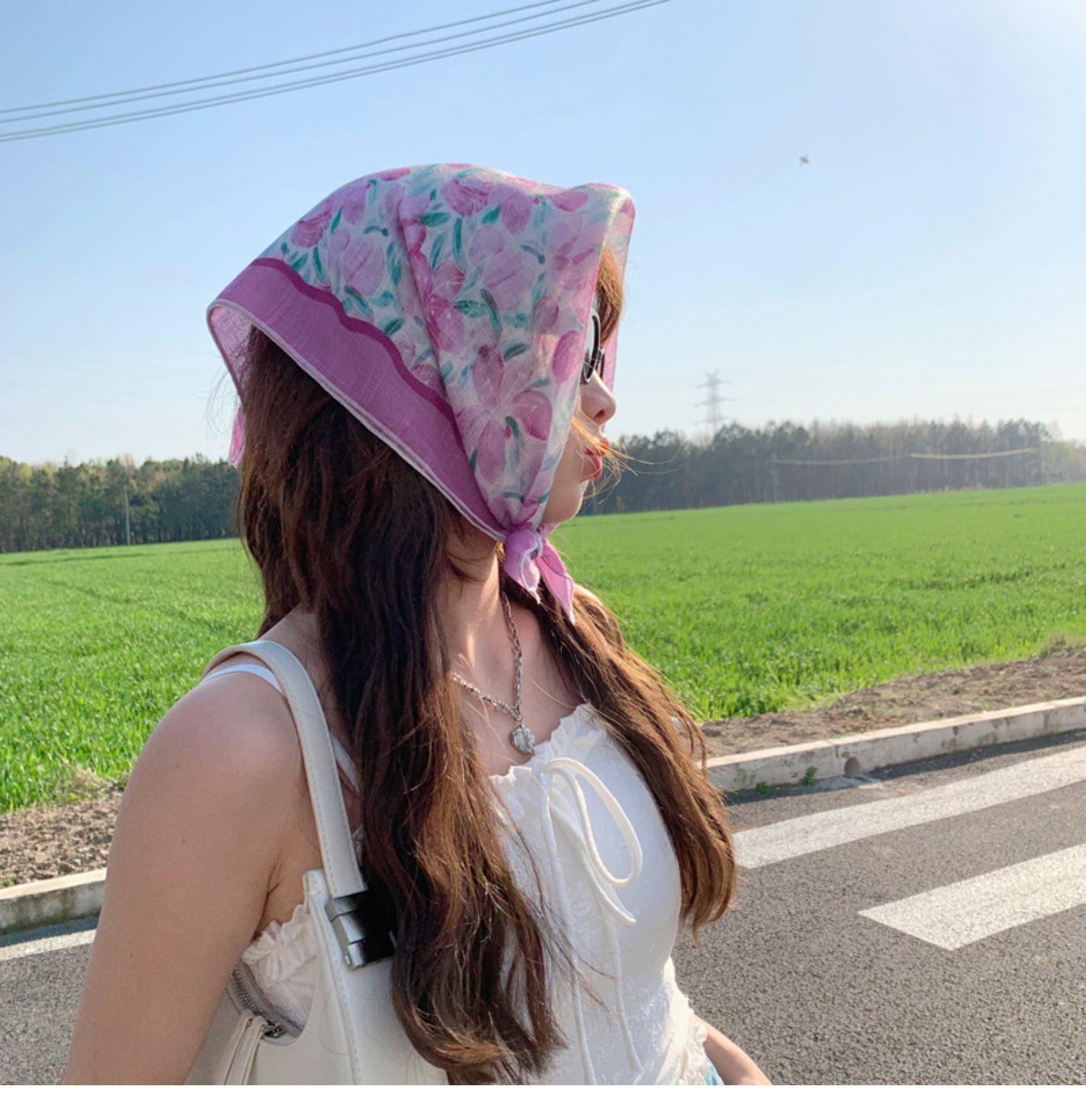 小清新棉麻围巾小方巾女花朵小碎花文艺复古领巾春夏装饰发带头巾