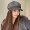 Novo chapéu octogonal de mistura de couro PU e lã, estilo coreano, outono e inverno, elegante e versátil, boina de moda vintage para mulheres