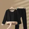 Conjunto de Roupa Íntima Térmica Masculina Gola Redonda Lã de Cordeiro Engrossado Mais Fleece Aquecimento Rápido Proteção contra o Frio Camada Base Outono Top Calça de Outono Roupa Térmica Feminina