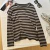 Playera de Manga Larga de Cuello Redondo y Cuello Alto con Rayas de Color en Contraste Vintage para Mujer, Otoño, Nueva, Holgada, Adelgazante, Combinable con Todo, Casual, Tejida