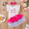 Novo Conjunto de Verão para Bebês Meninas, Roupa de Aniversário e Primeiro Aniversário, Macacão com Manga Flare, Saia Bufante de Seis Camadas, Faixa de Cabelo, Conjunto de Três Peças, Estilo Europeu e Americano