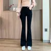 Calça boca de sino feminina com franjas, novo estilo primavera e outono, cintura elástica, modeladora, barra desfiada, microflare amigável para baixinhas
