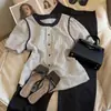 Camisa Listrada de Manga Curta Colorblock Crewneck para Mulheres 2024 Verão Nova Solta Emagrecimento Casual Puff Manga Pequena Camisa
