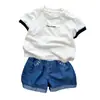 Conjunto de Dos Piezas de Verano para Niños, Ropa Elegante de Manga Corta con Estampado de Letras, Conjunto de Mezclilla para Niños Pequeños