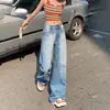 Jeans Reto Largo Lavado Estilo Americano Retrô Novo Verão 2025 Calças de Perna Larga Pop Versátil Femininas