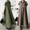 Vestido camisero casual de algodón y lino de manga corta para mujer, estilo japonés Rakuten, exportación coreana, corte holgado, con cuello desplegable
