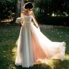 Vestido de Boda Ligero, Vestido Pequeño, Tirantes Blancos Sencillos Estilo Bosque, Velo de Boda para Césped Usable Diariamente, Cola Larga, Aspecto Adelgazante