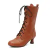 Botas Martin de cordones con punta redonda estilo europeo y americano, botas de mujer de tacón alto hasta la pantorrilla para otoño e invierno, talla grande, suministro de comercio exterior transfronterizo 7737