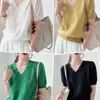 Camiseta de punto de seda helada de manga corta con cuello en V para mujer, top de verano 2022 con mangas abullonadas, diseño calado, corte holgado, efecto adelgazante