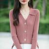 Cardigan de Tricô com Gola Lapela de Manga Longa Moda Feminina Primavera e Outono Novo Elegante Slim Suéter Estiloso Top Base Interno