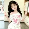 Verano 2026 Nuevo Estilo Coreano Dulce Escote Corazón Hombros Descubiertos Cordón Manga Corta Camiseta Moda Encaje Falda Pastel Conjunto de Dos Piezas
