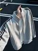Sudadera con capucha de punto gris con tres rayas y estampado de flor blanca para hombre, Otoño, Cleanfit, Ropa deportiva, Chaqueta de pareja americana