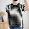 Elegante camiseta de manga corta de seda helada con cuello redondo Verano Lino Nuevo Suelto Rayado Camiseta básica Lino Top de media manga para mujer