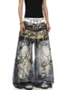 Jeans retro estilo rua americano com bordado de agulha desgastado e design único, apresentando corte curvo e estilo deserto, calças largas e soltas, estiloso