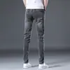Jeans de Algodão Stretch Preto e Cinza Slim Fit Masculino Hong Kong Primavera e Outono, Calça Casual Elástica de Alta Qualidade Estilo Coreano para Outono