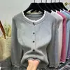Designed Color-Blocked Sequined Round Neck Long-Sleeved Knitted Cardigan Jacket for Women, Sweater with Thick Bottoming Shirt for Women
