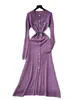 Vestido Largo de Punto con Botones Metálicos, Cuello Redondo, Manga Larga, Estilo Francés Transfronterizo, Ajustado de Alta Gama, Inspirado en Chanel