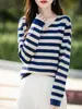 Suéter de Gola V Primavera Cruzamento de Fronteira Estilo Camisa Básica Manga Longa Design 2025 Malha Feminina Solto Listrado Suéter Francês