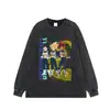 Camiseta Lavada de Algodón Puro Japonés Estilo Cómic Manga Corta Vintage Estampado Vintage Versión Oversize para Hombre