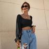 Primavera/Verano 2026 Nuevo Estilo Europeo y Americano Sexy y Elegante Anudado Ajustado Cuello Cuadrado Ultracorto Manga Larga Camisa Top de Mujer