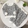 Suéter de leopardo con forro polar estilo occidental de invierno para bebés, niños y niñas, pantalones y top de manga larga para bebés, conjunto de dos piezas