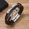 Pulseira Masculina de Couro Punk com Nós Multicamadas Curvas de Aço Inoxidável Estilo Retrô, Vendida Quente na Europa e América