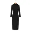 9821-25 Nuevo Estilo Otoño Estilo Europeo y Americano Cuello Alto Pequeño Pura Pasión Plisado Ajustado Mangas Largas Vestido de Punto