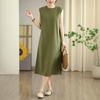 Vestido sin mangas Verano para mujer Abotonado en la espalda Lino Cuello alto Literario Retro Falda larga Suelto Elegante Look Adelgazante Falda Línea A