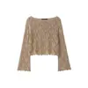 Ropa nueva de primavera-verano para mujer transfronteriza, estilo europeo y americano, moda de comercio exterior, top de punto de manga larga hueco con hilo metálico