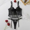 Moda Transfronteriza Europea y Americana Chica Picante Malla Transparente con Cordones Body Ajustado Sexy Personalidad Cuello en U Conjunto de Lencería con Tanga