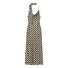 Moda Feminina Europeia e Americana Transfronteiriça Aliexpress Venda Quente Vestido Longo Listrado Estiloso com Decoração de Fita e Gola Drapeada