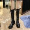 Botas de Cavaleiro Botas Baixas para Mulheres 2021 Novo Outono e Inverno Solado Alto Grosso Preto de Amarrar Acima do Joelho Botas da Moda