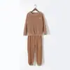 Pijama de Lã Coral Feminino Inverno Novo Flanela Fofo Moda Longo Roupa de Casa Gola Redonda Manga Longa Conjunto de Calças