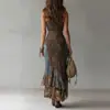 2026 Estilo Europeo y Americano Transfronterizo Nuevo Retro Estampado Patchwork Asimétrico Vestido Largo Ajustado Vestido de Abertura Alta