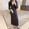 Suéter Vintage Pit Feminino Outono e Inverno 2024 Versátil Estilo Preguiçoso Moda Slim Fit Longo Vestido de Tricô