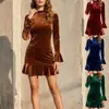 Otoño/Invierno 2026 Nueva Moda Femenina Europea y Americana Transfronteriza Vestido Elegante de Manga Larga Ajustado de Cuello Alto con Volantes Falda Corta