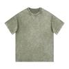 Camiseta de manga corta de algodón pesado 300G americana de cuello pequeño, lavada, color sólido antiguo, hombro caído suelto, con estampado de copo de nieve frito, para hombre y mujer