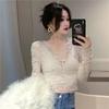 Blusa blanca de encaje con aberturas, estilo primavera 2025, para mujer, con un toque sexy y atrevido. Blusa corta de manga larga.