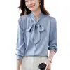 Camisa Blanca Satinada para Mujer de Manga Larga Versátil para el Trabajo, Negocios, Entrevistas, Top con Cinta de Lazo