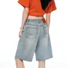 Jeans de pierna ancha texturizados casuales de verano color Naranja Juvenil para mujer, de cintura alta, corte holgado, estilizan, casuales, versátiles, shorts de moda