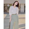 Ropa de mujer a la moda y sofisticada de estilo europeo para ocasiones formales, conjunto Tingdaer, conjunto de camisa de oficina y pantalones de pierna ancha para verano