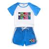 Conjunto de verão 2023 para meninos e meninas, novo estilo, estilo western infantil, combinação de cores de verão, manga curta, shorts, conjunto de duas peças, entrega de peça única