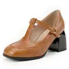 Zapatos de tacón grueso retro de comercio exterior transfronterizo europeo y americano de la abuela 2026, talla 33-50, tacones de plataforma gruesos con punta cuadrada y correa en T