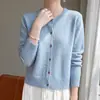 Cardigã feminino curto 100% lã pura, hipoalergênico, com decote redondo, perfeito para sobreposição, mangas compridas e design simples