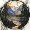 Letrero redondo de hojalata con efecto vidriera vintage con sol, luna, flores, pájaros y paisaje, pintura decorativa patriótica en placa de aluminio y hojalata para comercio transfronterizo